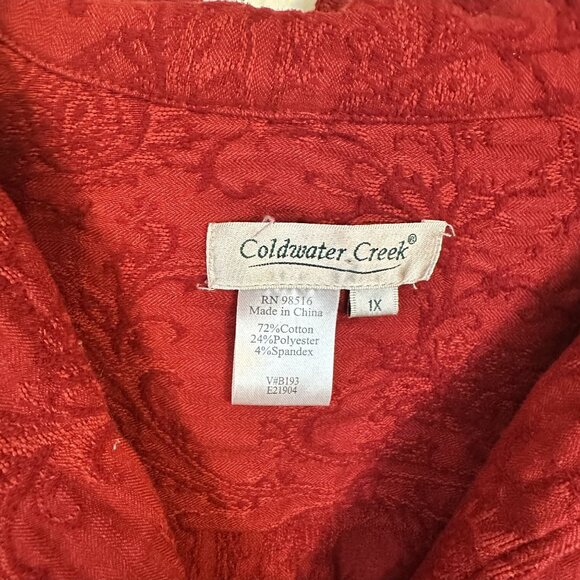 Womens Jacket Coldwater Creek Red Paisley Textured Button Up 1X Cotton Blend - Picture 2 of 8